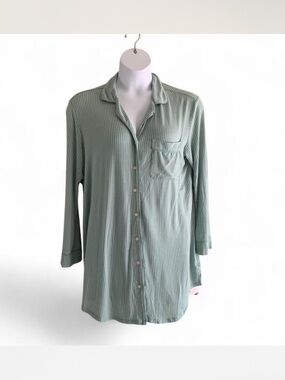 Boyfriend style Auden Cloud Knit Striped Sleep Top in muted Green and White L